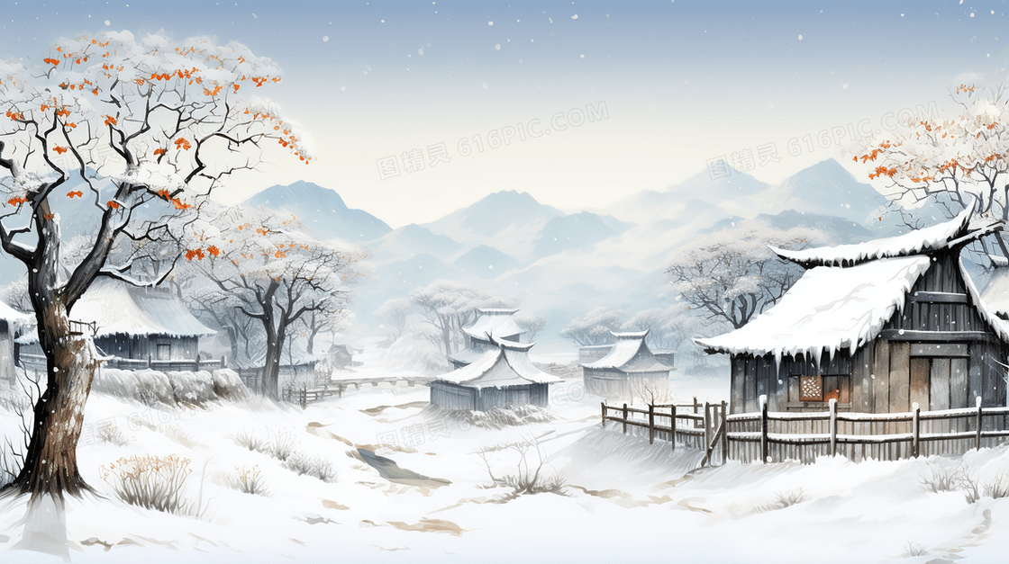 中国古代乡村冬季雪景插画