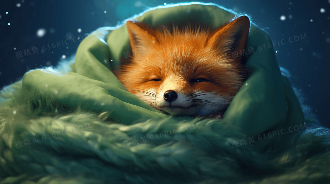 下雪天绿色毛毯包裹着睡觉的小狐狸插画