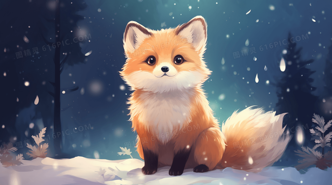 下雪天森林雪地里的狐狸可爱小动物插画