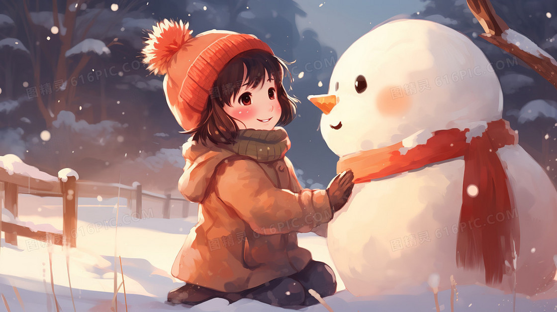 卡通风开心的和雪人玩耍的小女孩插画