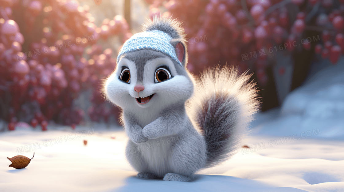 冬季雪地里的戴针织帽的松鼠