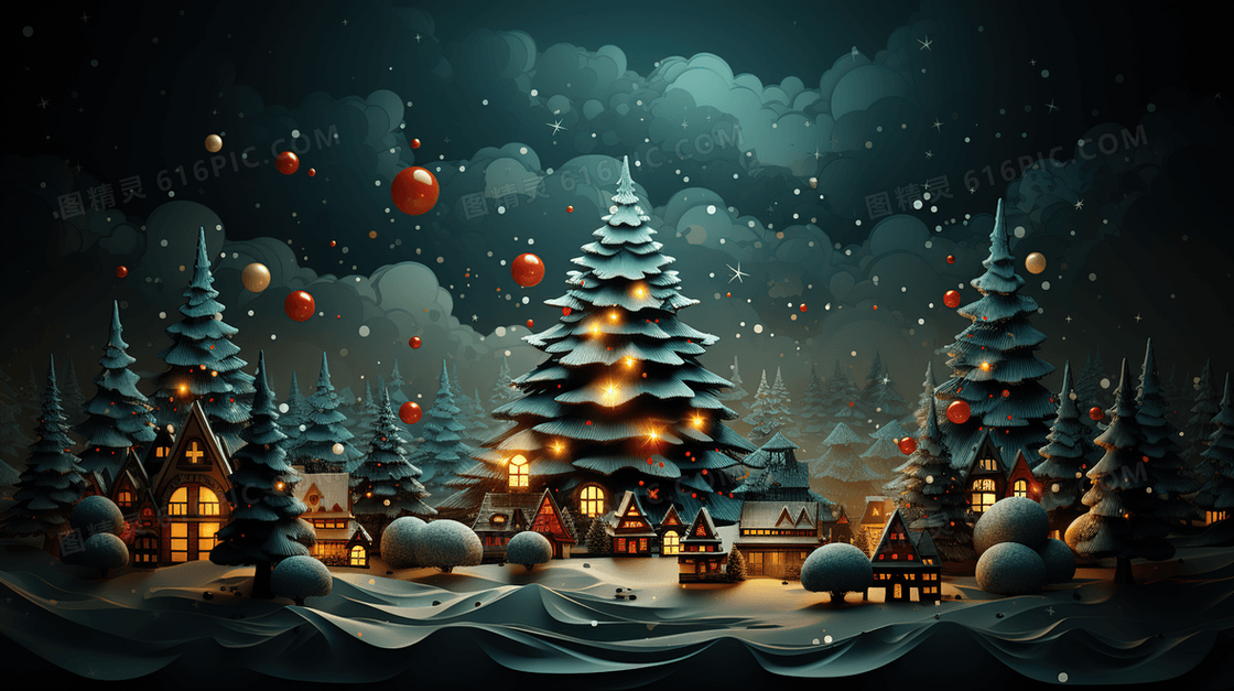 冬天夜晚雪地里的发光圣诞树插画