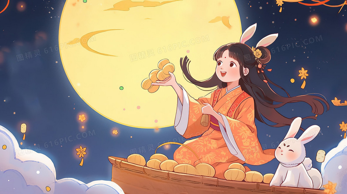 中秋节在月光下的嫦娥和玉兔插画
