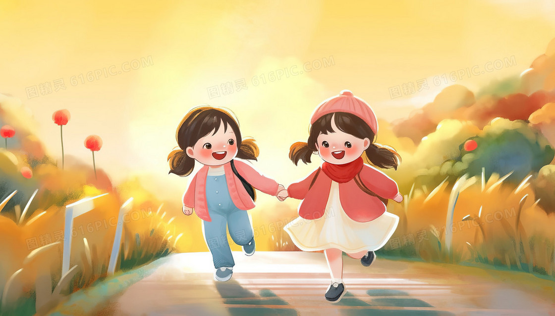 两个可爱的女孩牵手走在秋季的道路上插画