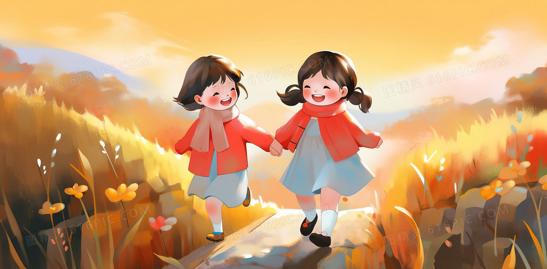 两个可爱的女孩牵手走在秋季的道路上插画