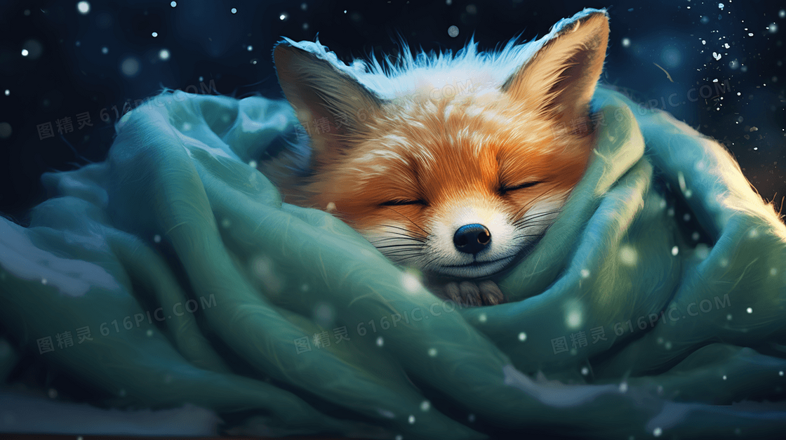下雪天绿色毛毯包裹着睡觉的小狐狸插画