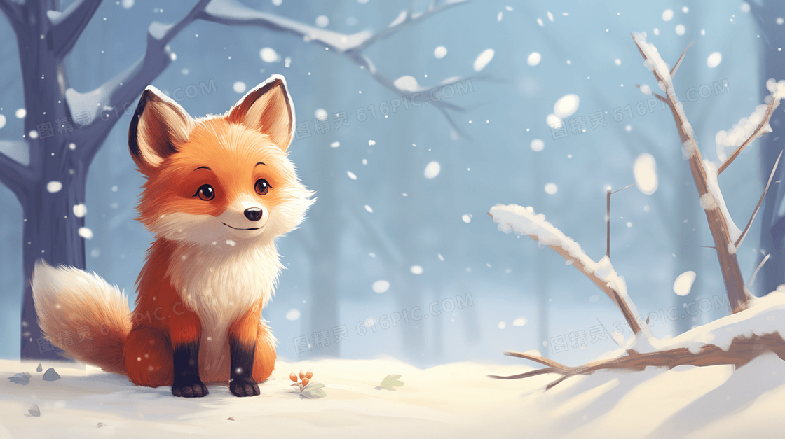 下雪天森林雪地里的狐狸可爱小动物插画