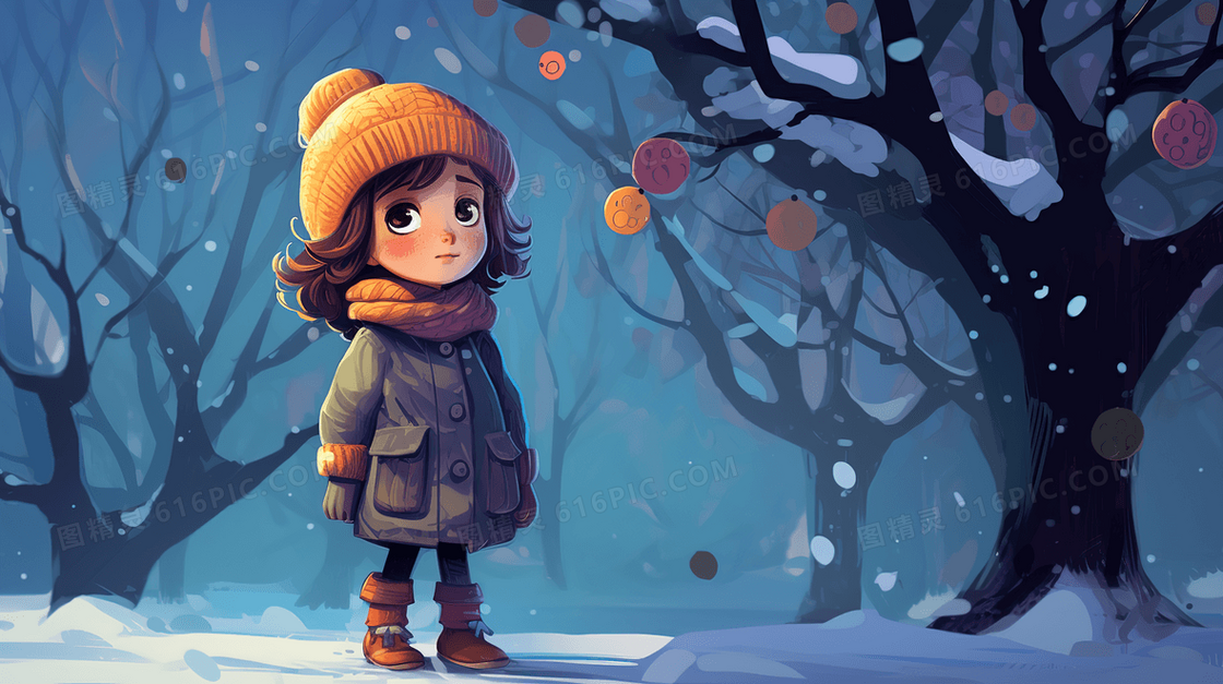 站在冬天树林雪地里的小女孩插画