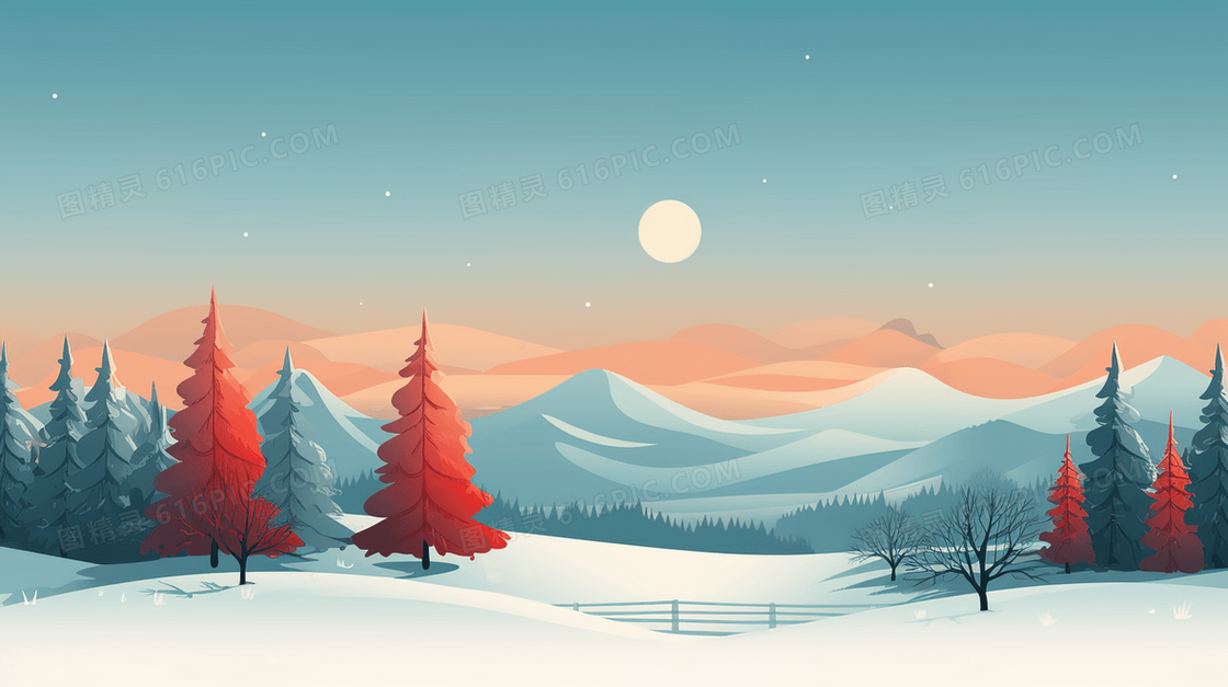 明月下的山丘树林雪地风景插画