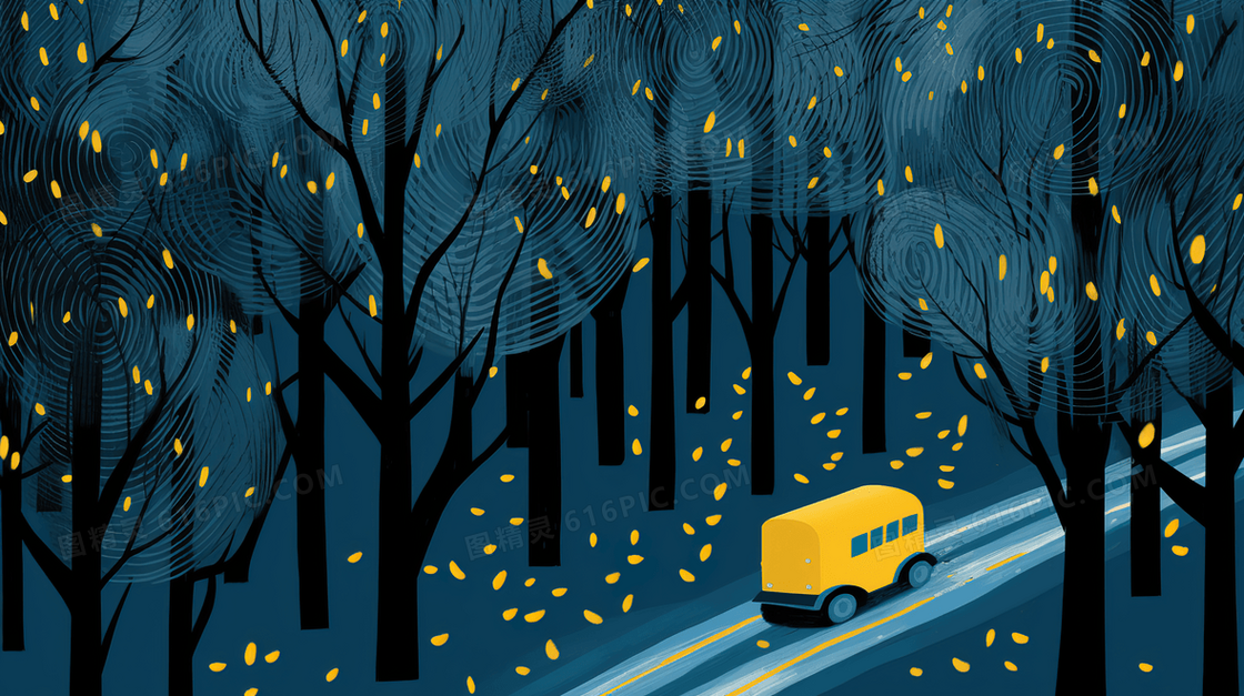 黑夜树林里道路上行驶的黄色汽车插画