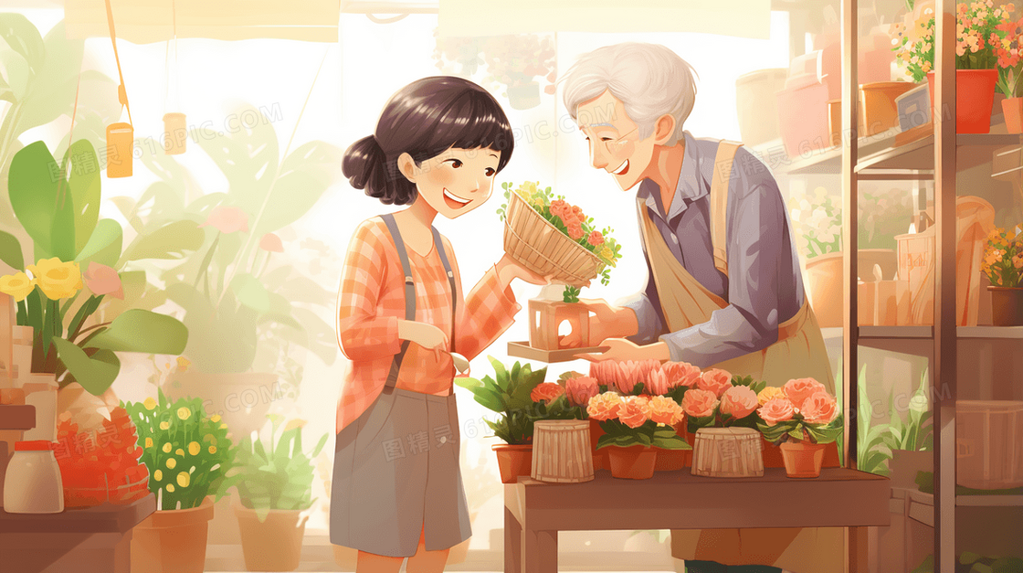 花店里一起整理花朵盆栽的爷爷和女孩插画