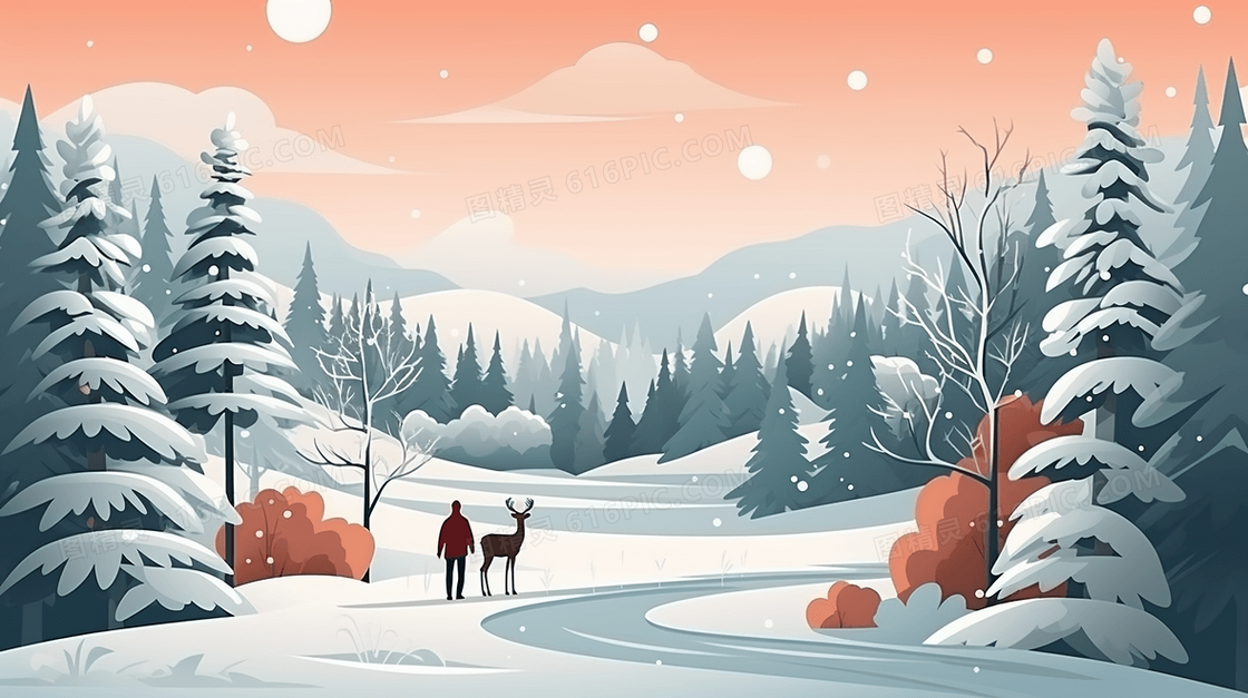 下雪天山坡森林雪地上的人类和麋鹿插画