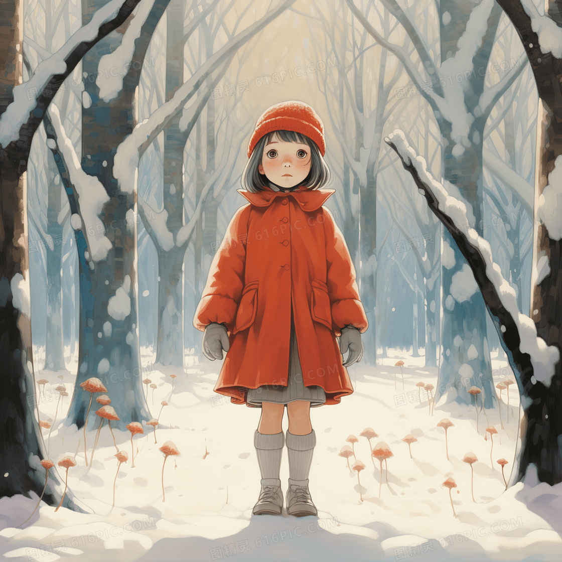 站在冬天树林雪地里的小女孩插画