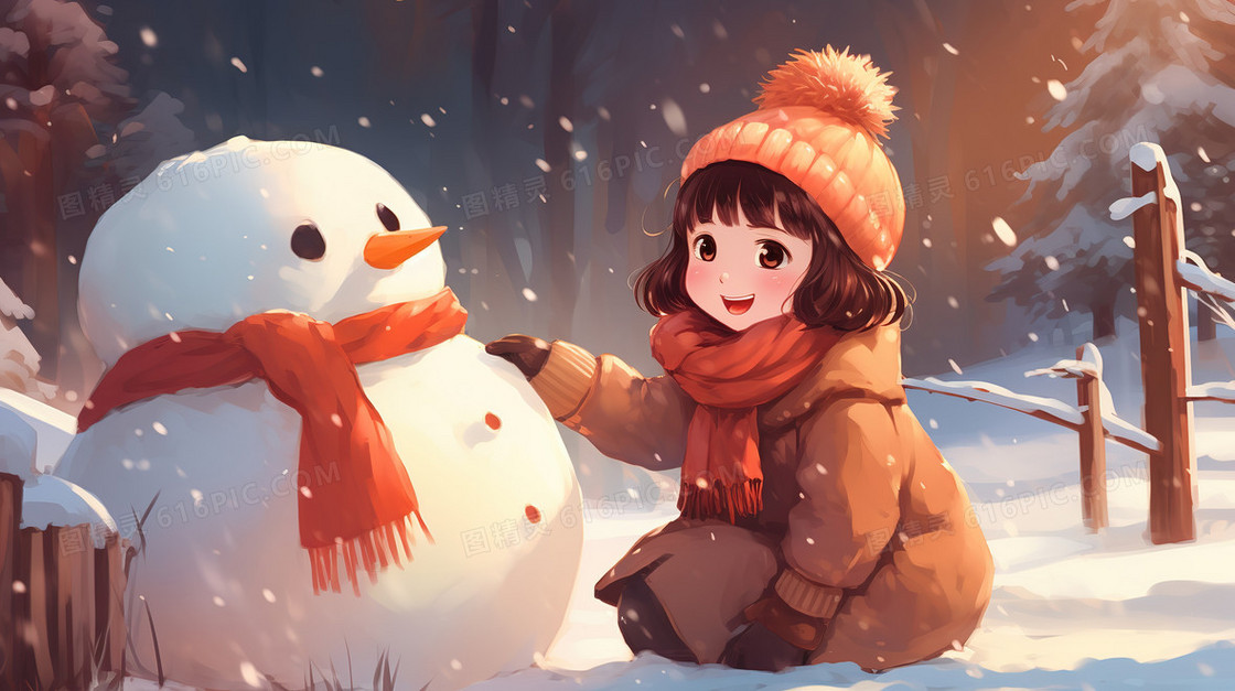 卡通风开心的和雪人玩耍的小女孩插画