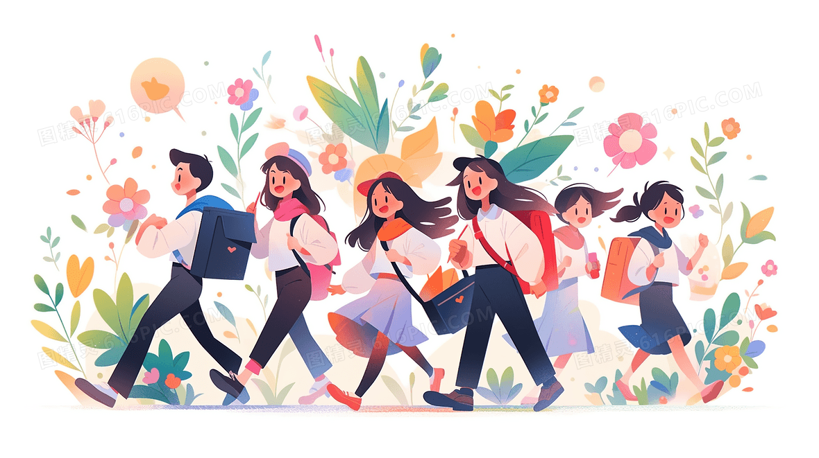 开学季学生们结伴而行校园青春插画