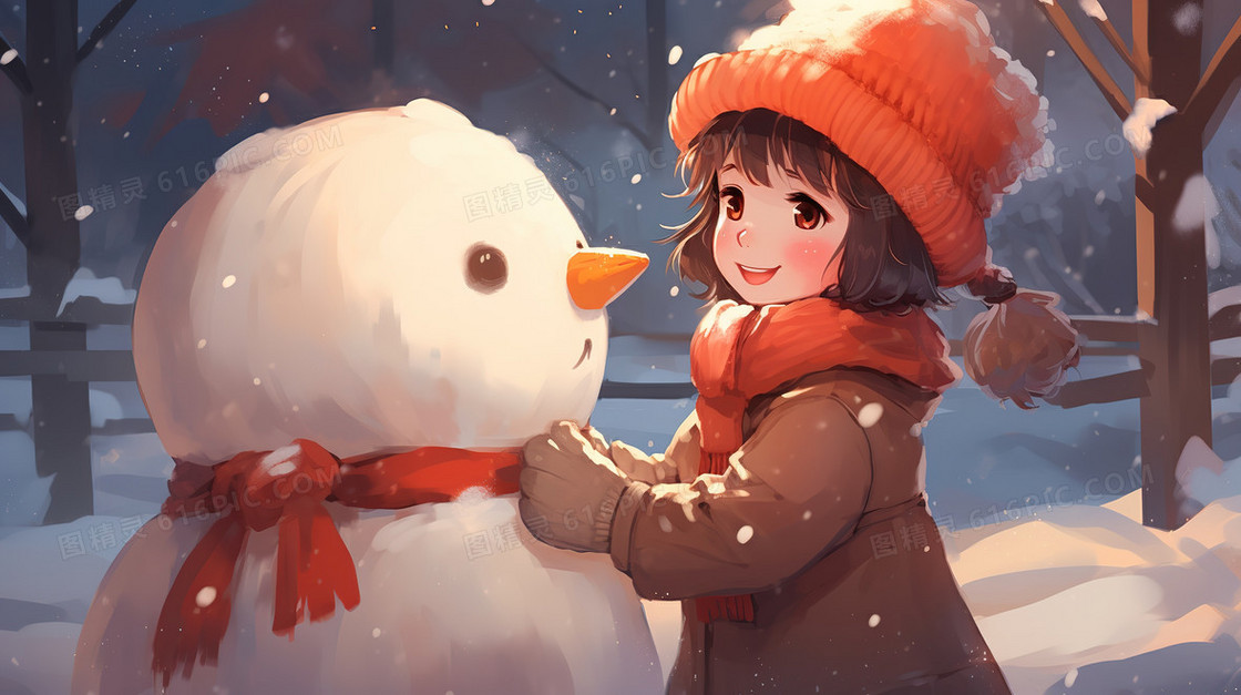 卡通风开心的和雪人玩耍的小女孩插画