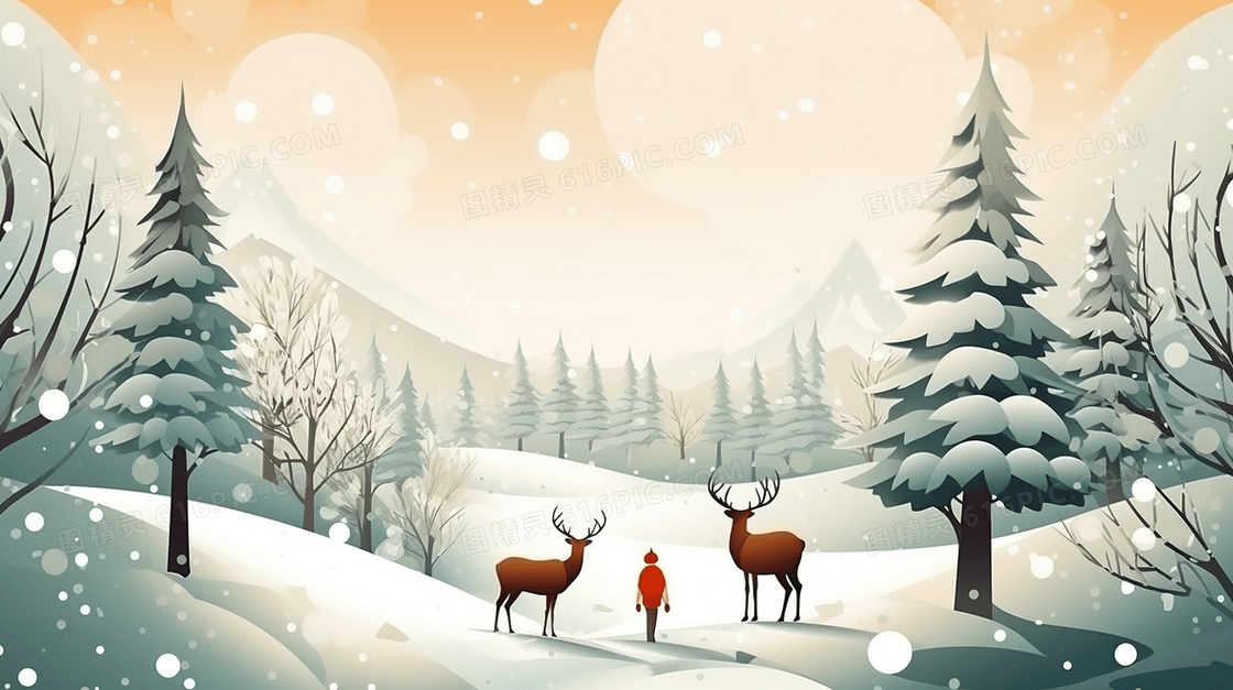 下雪天山坡森林雪地上的人类和麋鹿插画