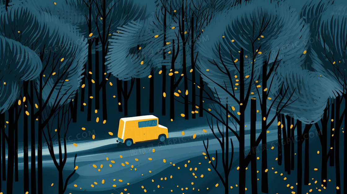 黑夜树林里道路上行驶的黄色汽车插画