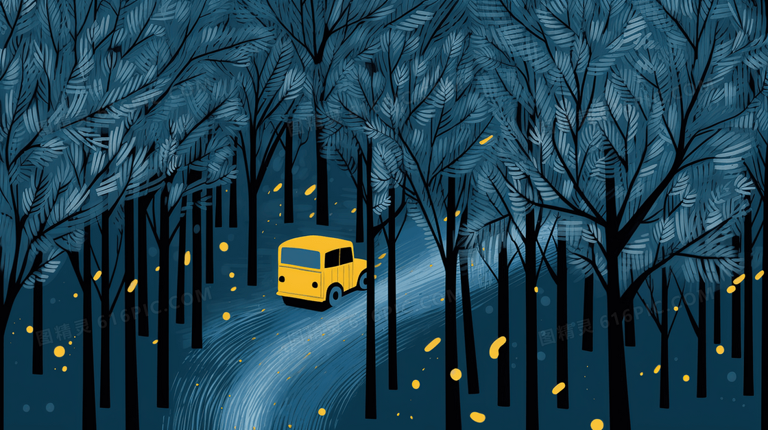 黑夜树林里道路上行驶的黄色汽车插画