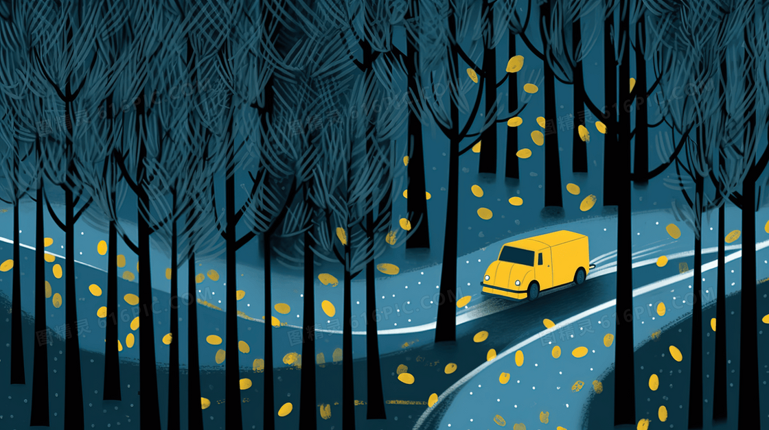 黑夜树林里道路上行驶的黄色汽车插画