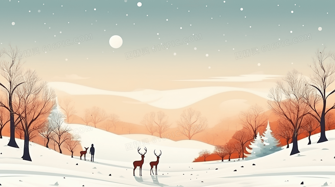 下雪天山坡森林雪地上的人类和麋鹿插画