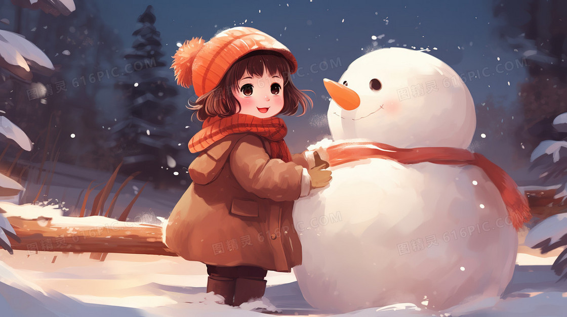 卡通风开心的和雪人玩耍的小女孩插画