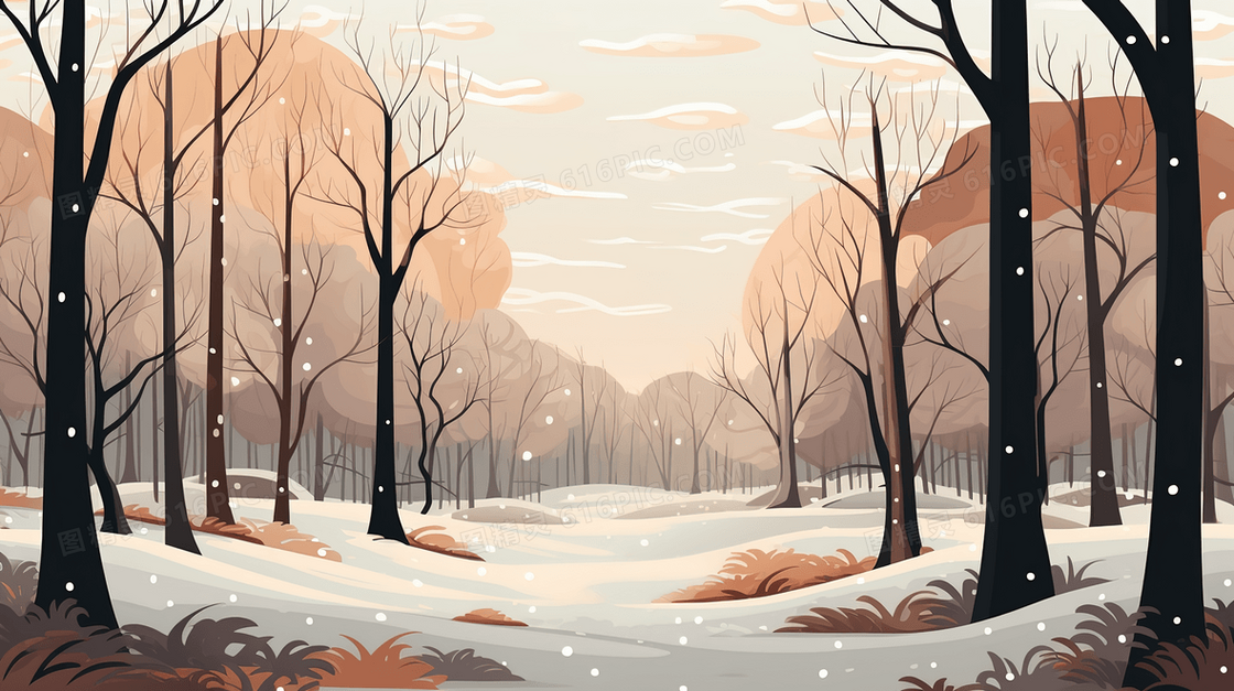 冬季下雪天里的树林雪地风景插画