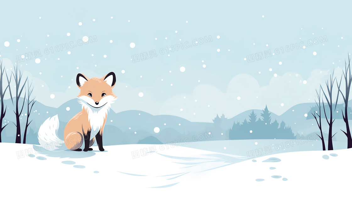 大雪天站在雪地里的狐狸动物风景插画