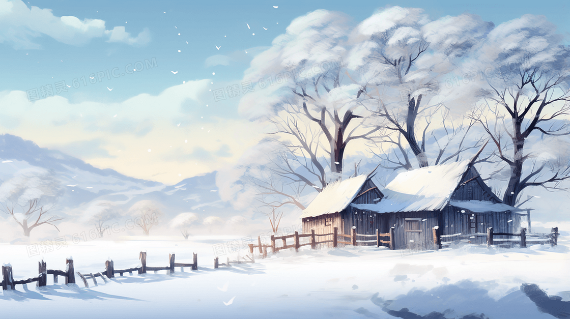 被大雪覆盖的村庄山丘田野风景插画