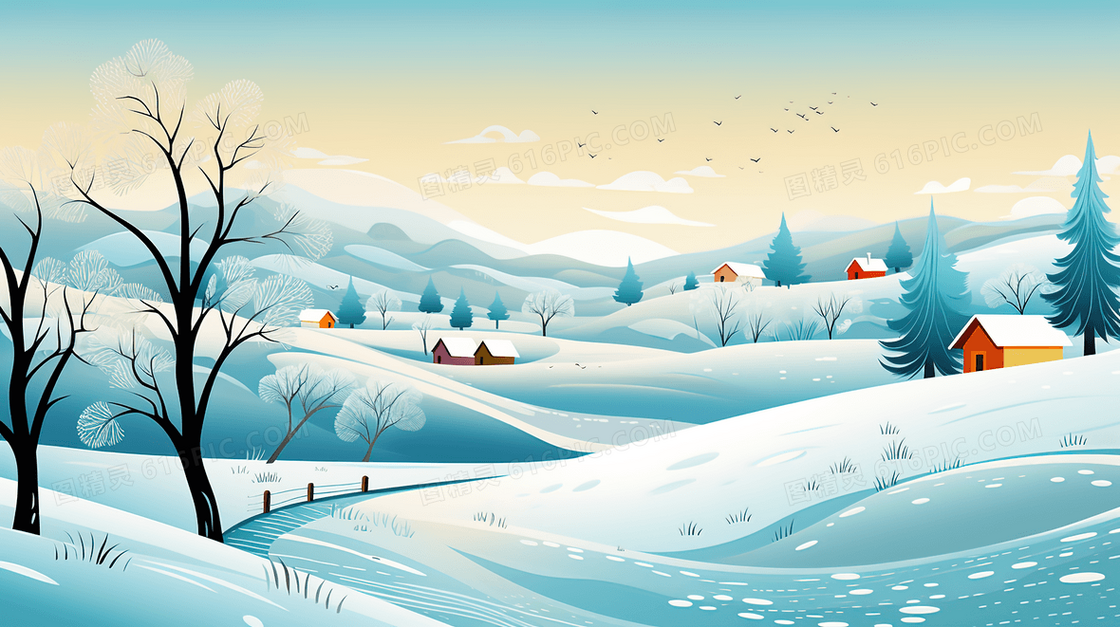 被大雪覆盖的村庄山丘田野风景插画