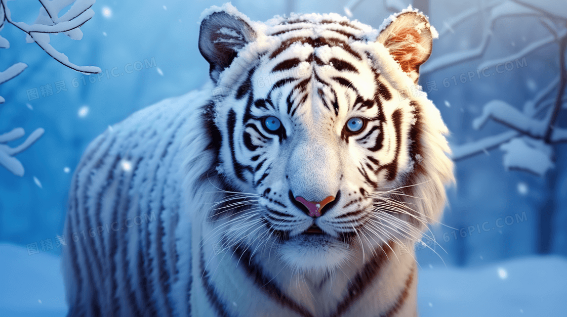森林大雪里的生猛老虎逼真写实概念图片