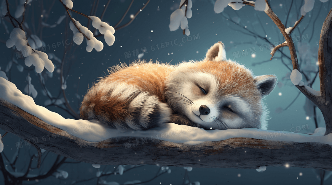 在雪中树枝上睡觉的可爱小浣熊动物插画