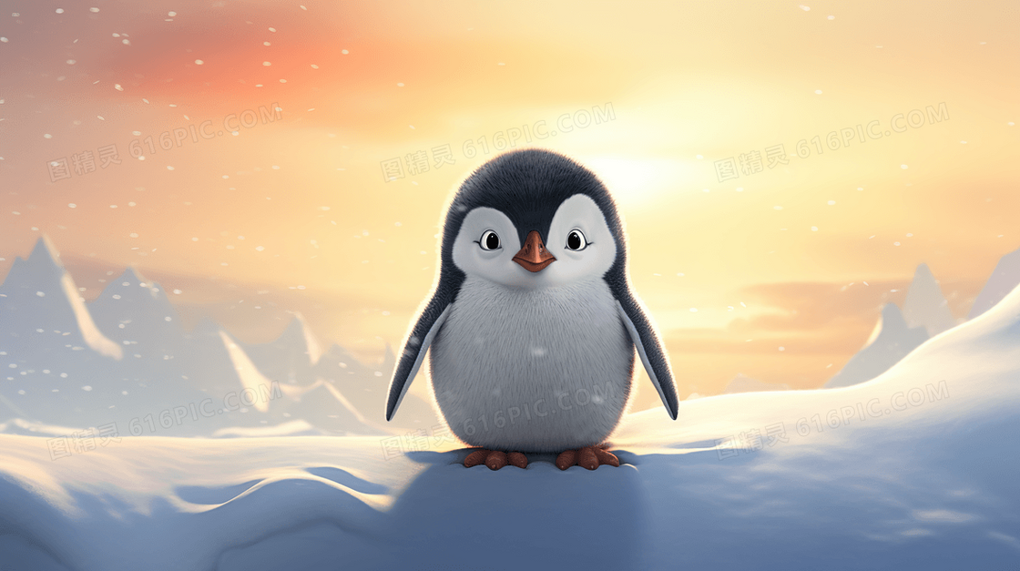 南极冰川雪地上的可爱小企鹅动物插画