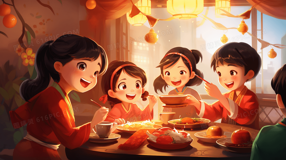 春节欢聚一堂吃满桌美味佳肴团圆饭的孩子们插画