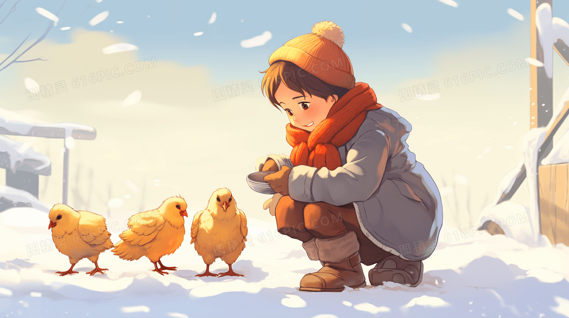 冬天村庄下雪天雪地喂鸡的小女孩插画