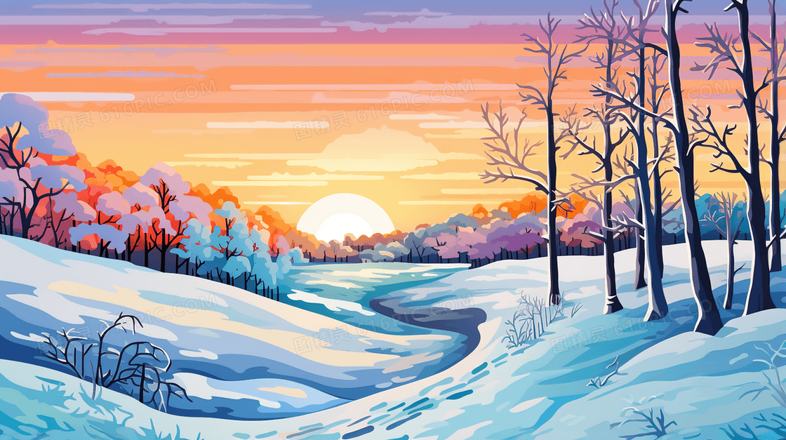 黄昏山地河流树木风景立体肌理感插画