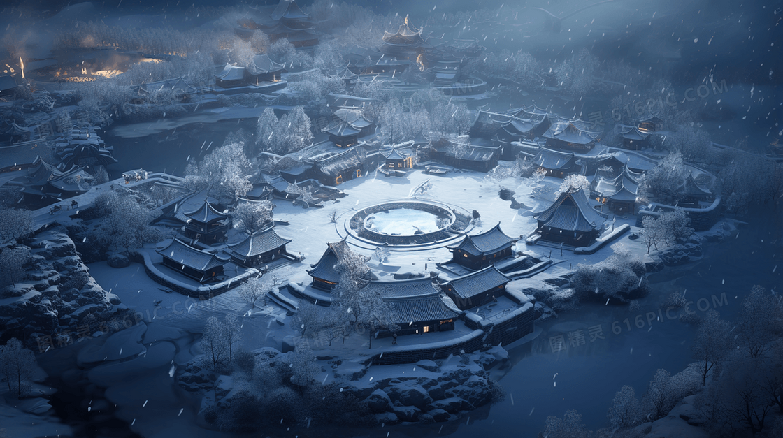 大雪覆盖的中国古代城镇C4D插画