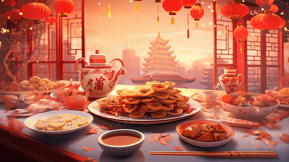 红色中国春节满桌美味佳肴团圆饭插画