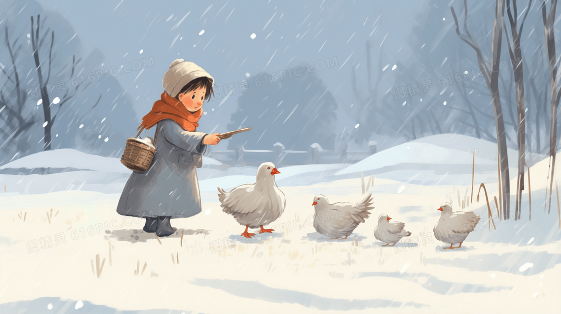 冬天村庄下雪天雪地喂鸡的小女孩插画
