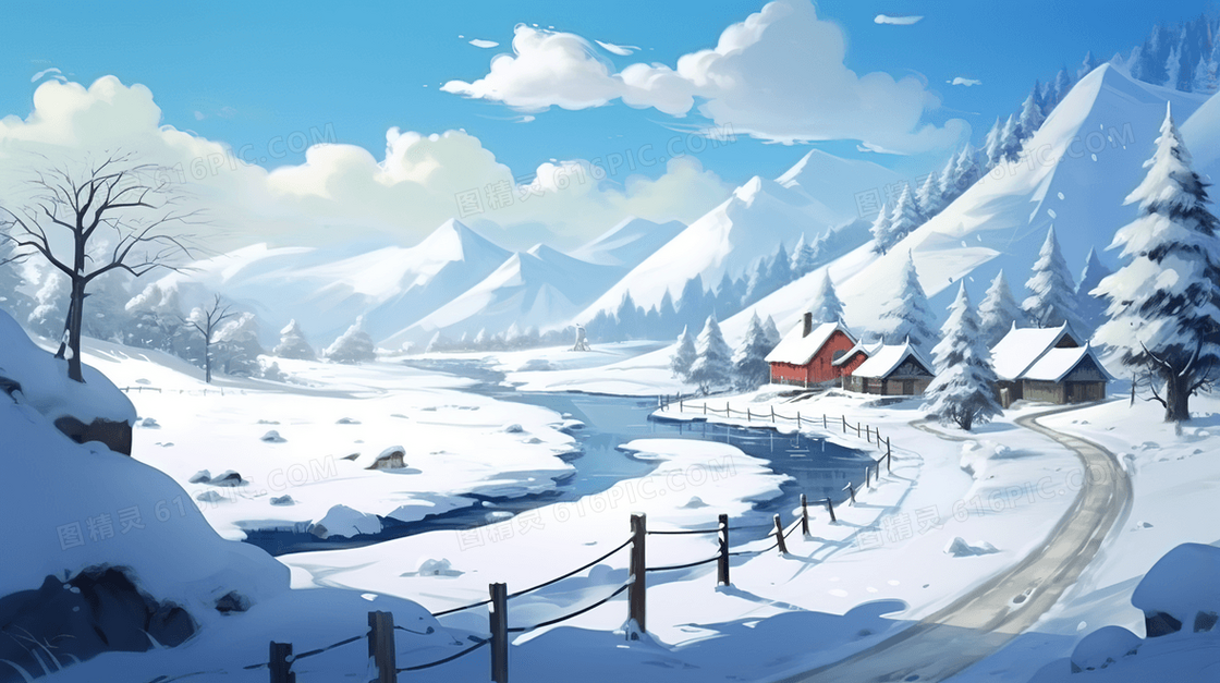 小溪边的小屋田野山地雪景插画
