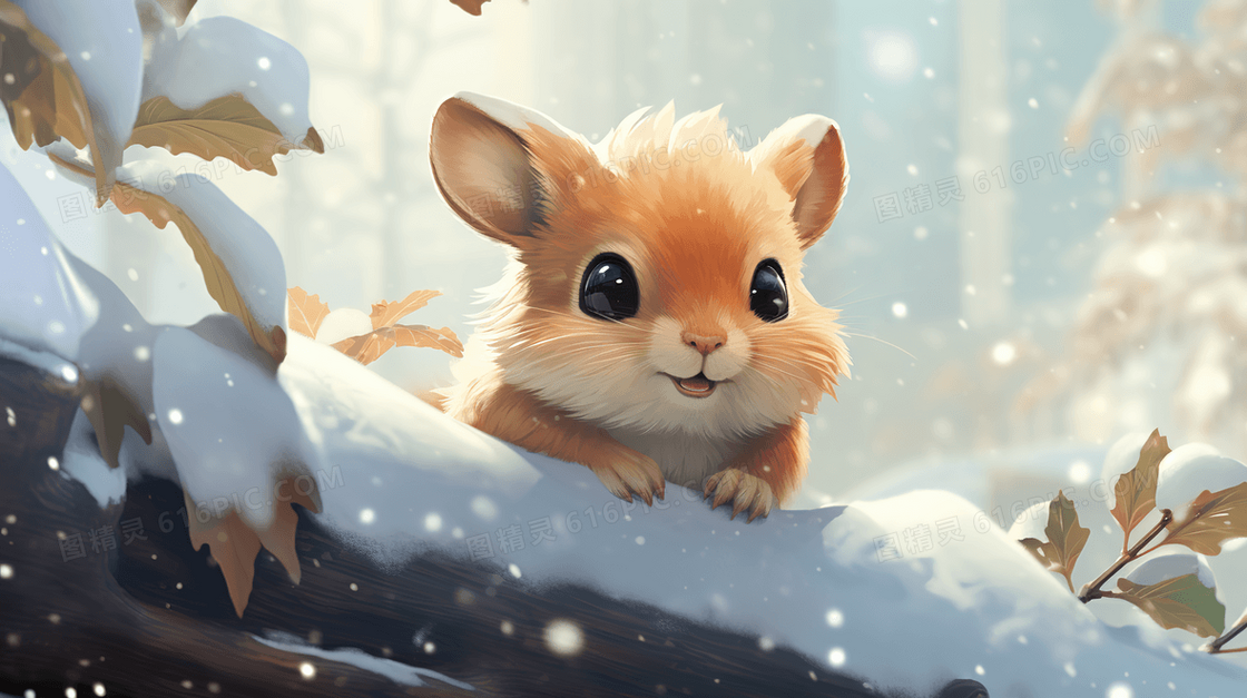 趴在树枝雪上的可爱小老鼠动物插画