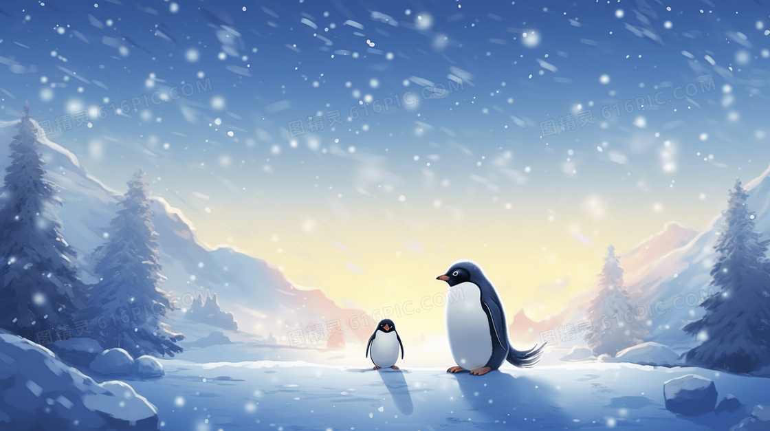 下大雪树林雪地上的可爱小企鹅动物插画