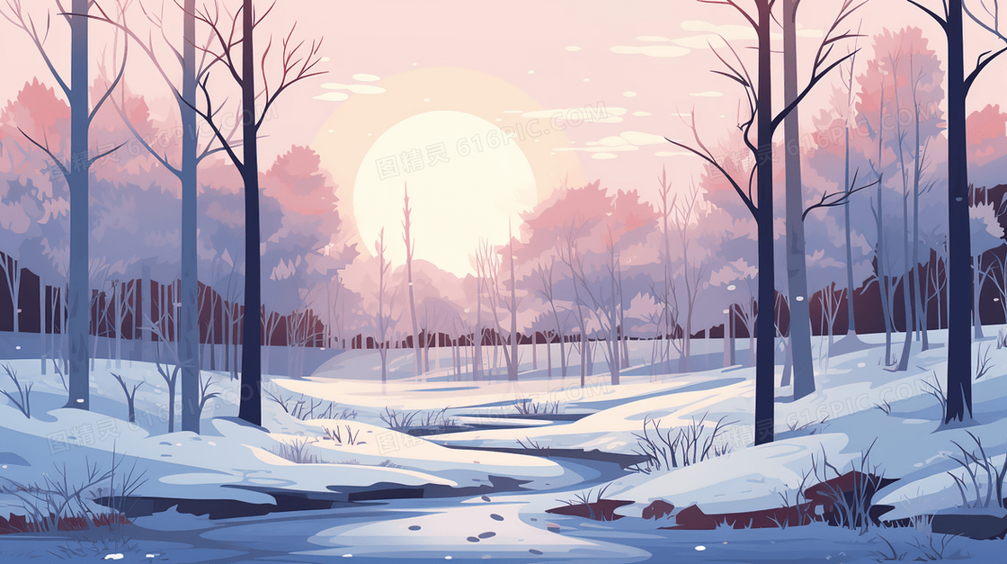 落日时分的森林雪地风景插画