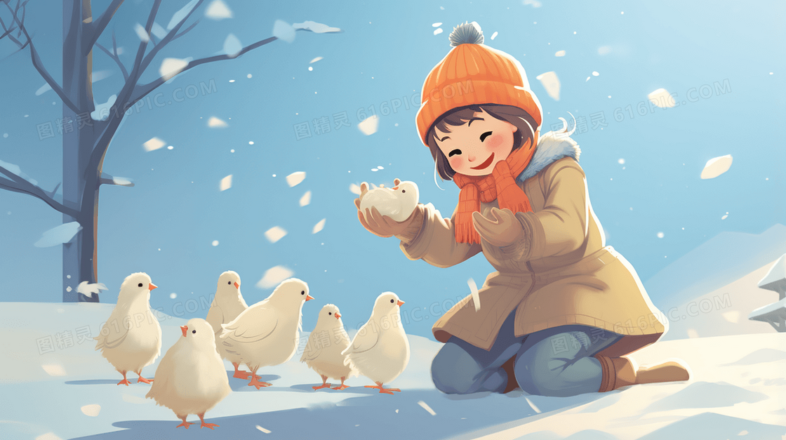 冬天村庄下雪天雪地里喂鸡的小女孩插画