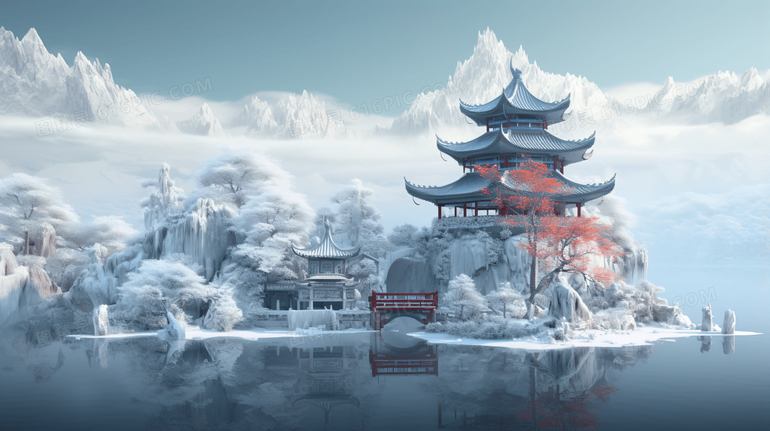 中国风湖畔雪山上的古典建筑山水风景插画