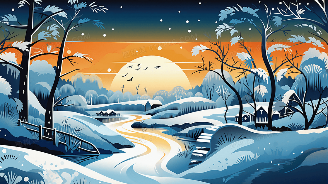 黄昏山地河流村庄树木风景立体肌理感插画