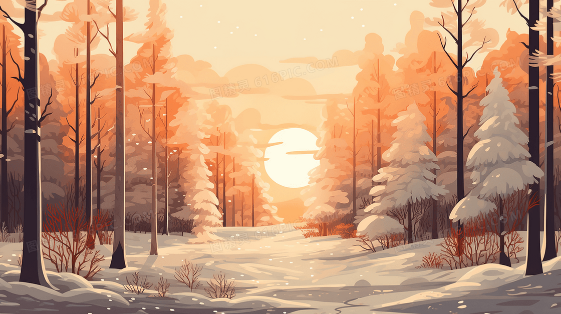 落日时分的森林雪地风景插画