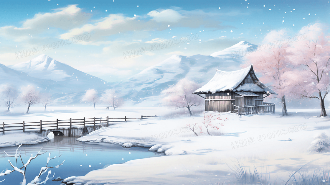 小溪边的小屋田野山地雪景插画