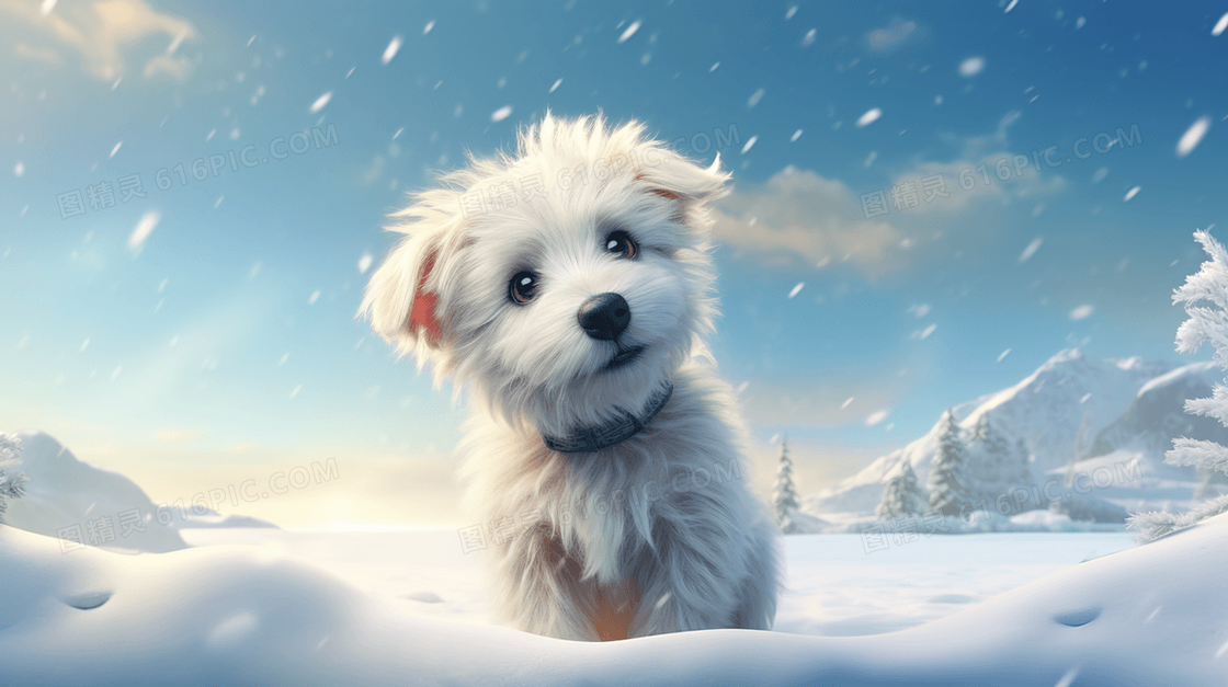 大雪地里的可爱小狗动物插画