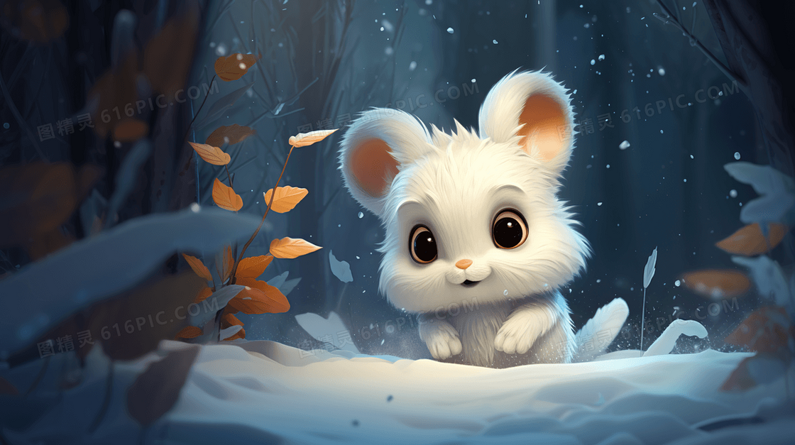 趴在树林雪地上的可爱小仓鼠动物插画